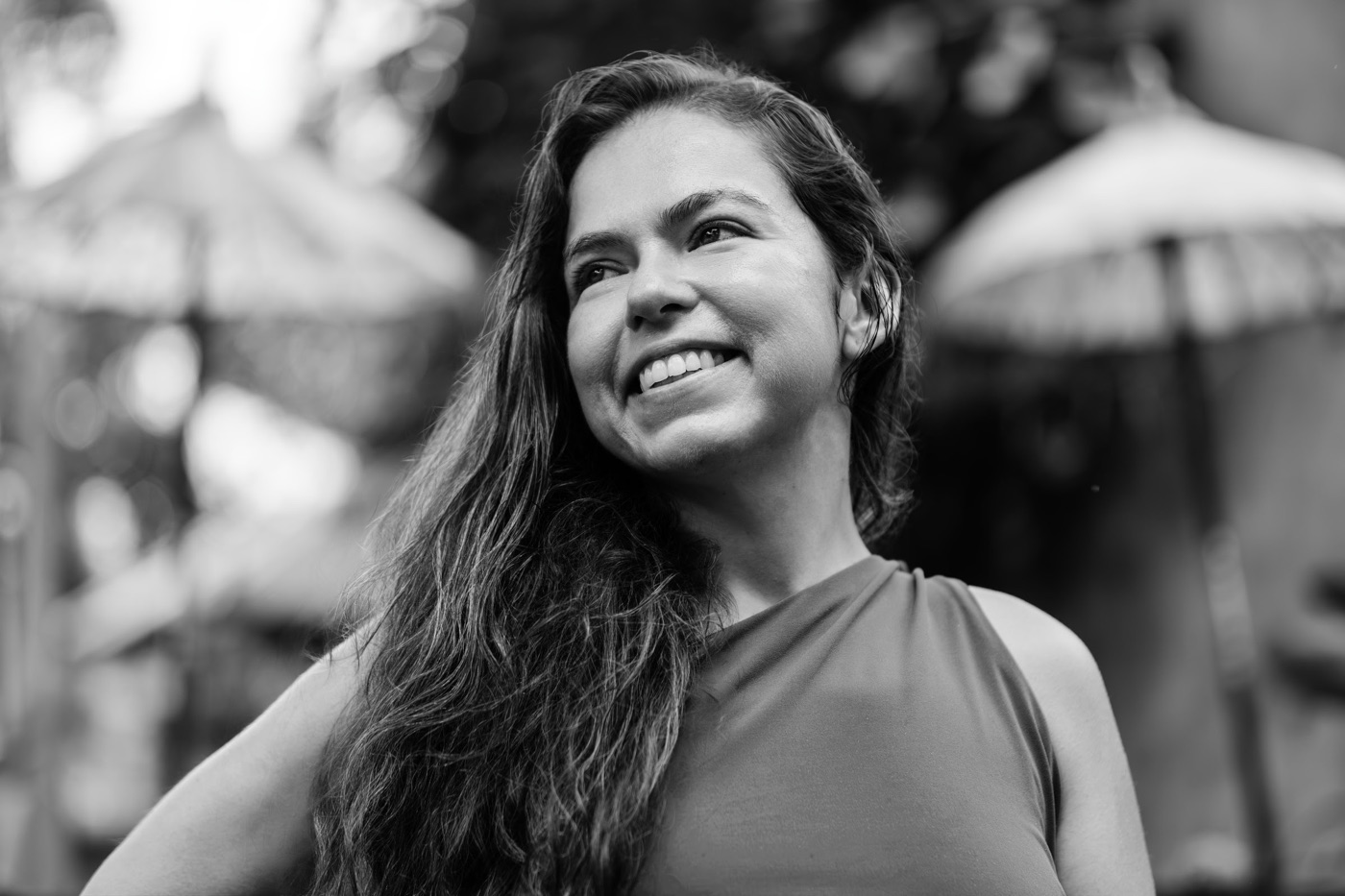 Black and white portrait of Kali smiling